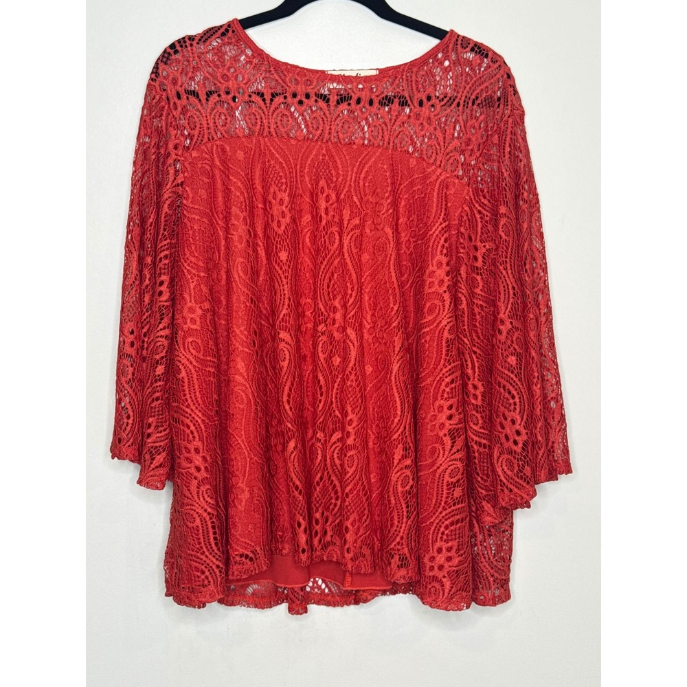 Haptics Holly Harper Red Lace Bell Sleeve Blouse Top HT2604A Womens Small